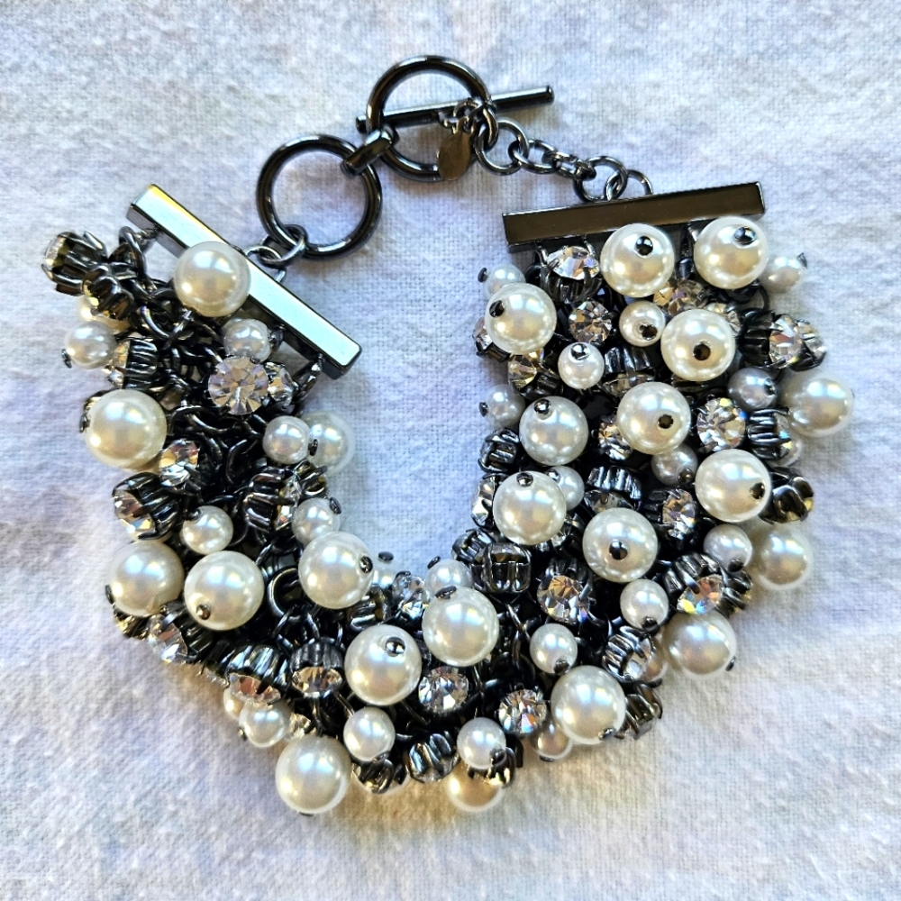 Premier Designs Enamored Bracelet, Cubic Zirconia, Pearls, Toggle Clasp, NIB